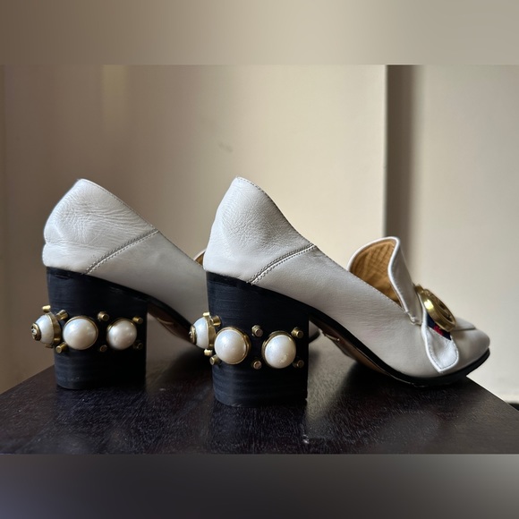 GUCCI Beige Leather Peyton GG Marmont Web Crystal Embellished Block Heel… - Picture 9 of 12